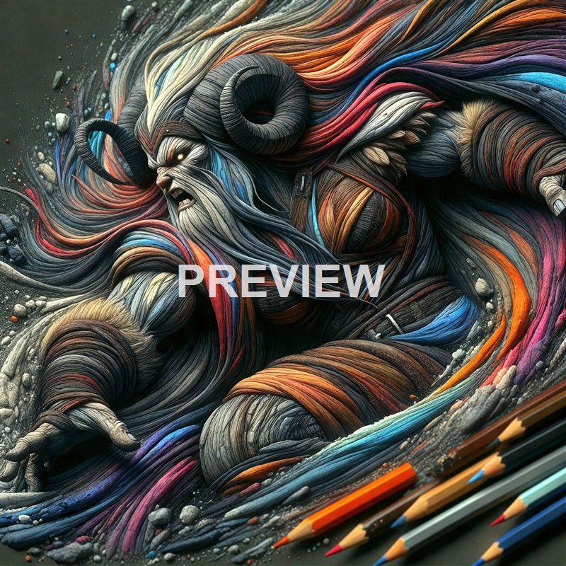 The image depicts a highly detailed, fantastical creature with curled horns, a flowing mane of multicolored hair, and an intense expression, all rendered with intricate textures and vibrant colors, with colored pencils visible in the foreground.